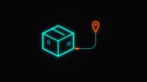 Neon isometric delivery box icon with location pin animation for logistics .. Stock Footage 344861890
