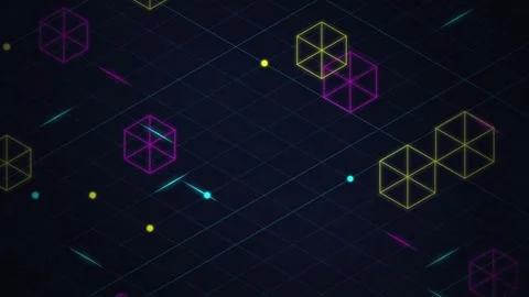 Neon isometric grid wireframe cubes seamless loop background Stock Footage 347205389