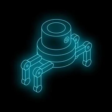 Neon isometric robot walking on black background Stock Illustration