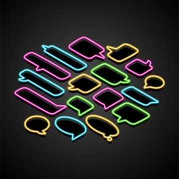 Neon isometric speech bubble on a transparent background. Bright light frames Stock Illustration