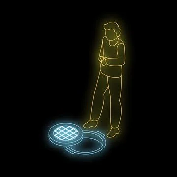 Neon isometric vector illustration of man using smartphone near open manhole  Stock Illustration