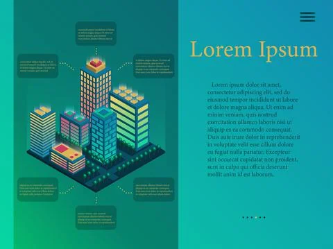 Neon isometric vector. presentation of the city of the future. infographics. Ilustración de archivo