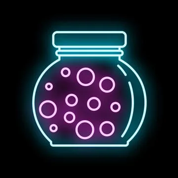 Neon jar icon with pink bubbles glowing Stock Illustration