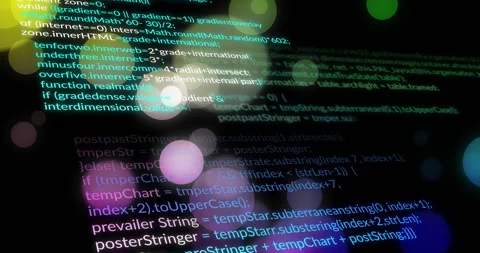 Neon JavaScript code being animated in dark digital interface, with floating Stock Footage 309092825