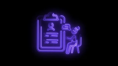 Neon job interview animation with candidate profile and speech bubble on dark Stock Footage 330773422