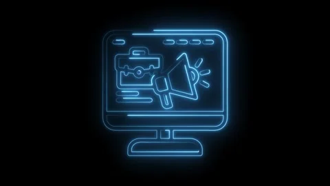 Neon job search concept on computer screen with briefcase and megaphone ico.. Stock Footage 312318419
