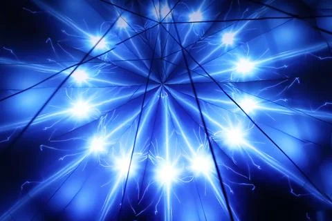 Neon kaleidoscope star rays. Pattern of blue neon rays with stars. Background Foto stock