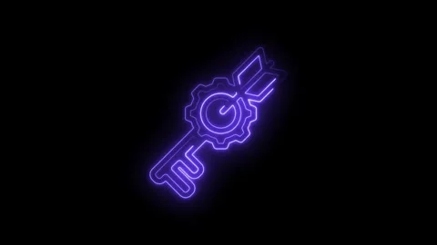 Neon key gear arrow icon glowing purple on black background representing so.. Stock Footage 346137205