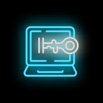 Neon key icon hovering over laptop showing concept of cybersecurity Stockillustratie