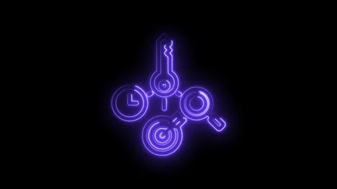 Neon Key Magnifying Glass Clock Abstract Concept Digital Technology Solution Stock Footage 333957495