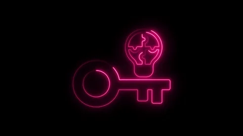 Neon key with puzzle light bulb symbol illuminating the concept of finding .. Stock Footage 308286687