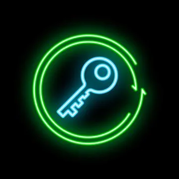 Neon key rotating inside a circle on black background Stock Illustration