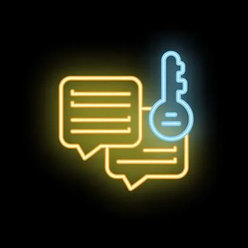 Neon key unlocking chat bubbles on black background Stock Illustration