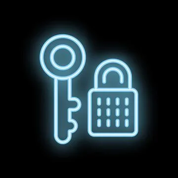 Neon key unlocking digital padlock on black background Stock Illustration