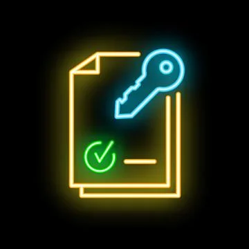 Neon key unlocking document with check mark icon on black background イラスト素材