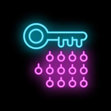 Neon key unlocking multiple padlocks representing concept of solutions Illustrazione stock