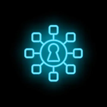 Neon keyhole surrounded by nodes connected with lines forming a network Illustrazione stock