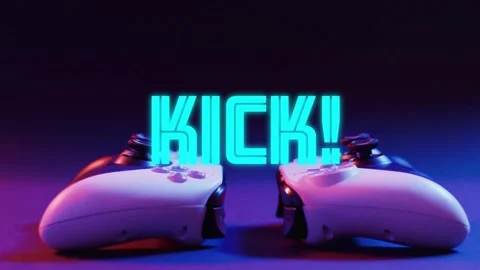 Neon 'KICK!' text animating after pause, hovering above pair white controllers Stock Footage 334884139