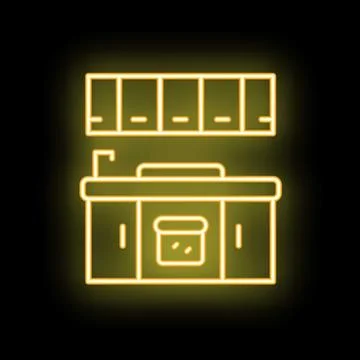 Neon kitchen counter with cabinets and oven shining brightly on a wall Stock Illustration