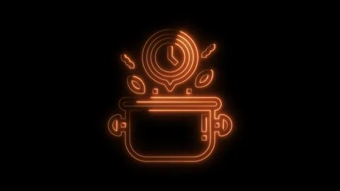 Neon kitchen timer with herbs over a pot on dark background for culinary timing Stock Footage 322974271
