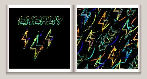 Neon label, pattern with of ligthning, pointers Stock Illustration