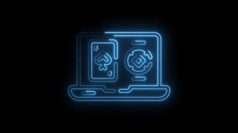 Neon laptop with casino game elements online gambling concept on black Stock Footage 330771065