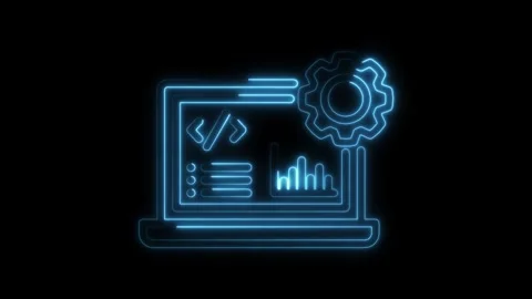 Neon laptop with code analysis graph and cogwheel for software development .. Stock Footage 309914772