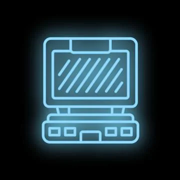 Neon laptop computer icon glowing on dark background 库存插图
