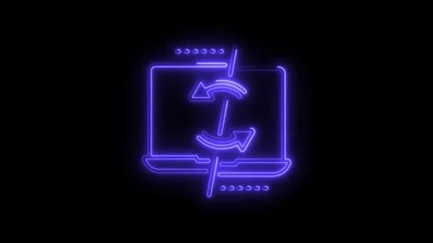Neon laptop data exchange animation on black background with glowing arrows Video stock 308606663