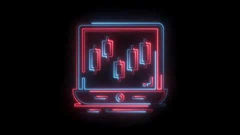 Neon laptop displaying candlestick chart for stock market analysis and financial Stock Footage 322990455