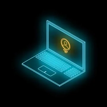 Neon laptop displaying user profile icon in isometric view Stock Illustration