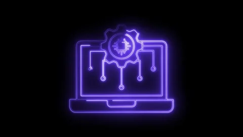 Neon laptop icon with gear cpu symbol representing artificial intelligence and Stock Footage 322958932