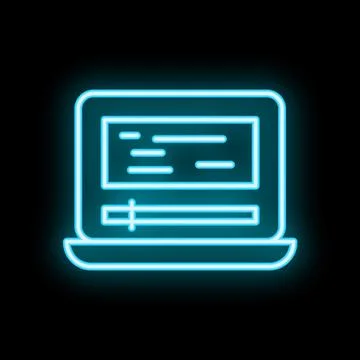 Neon laptop icon showing code on screen and progress bar Stock Illustration