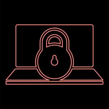 Neon laptop lock personal data security cyber access concept locked padlock.. Illustrazione stock