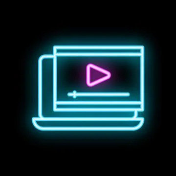 Neon laptop playing video with progress bar on black background Stock Illustration