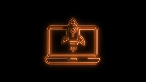 Neon laptop with rocket launch on screen for startup,technology,and innovat.. Stock Footage 312448442