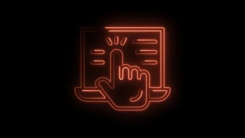 Neon laptop screen with hand cursor clicking icon on black background animation Stock Footage 322984409