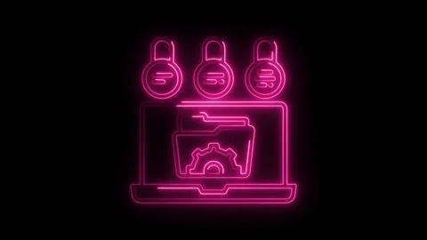 Neon laptop with secured folder featuring gear animation concept of data pr.. Stock Footage 308903766