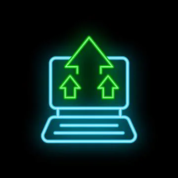 Neon laptop showing cloud upload with arrows on black background Stock Illustration