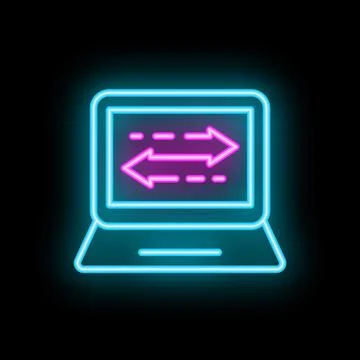 Neon laptop showing data transferring with arrows on screen Stock Illustration