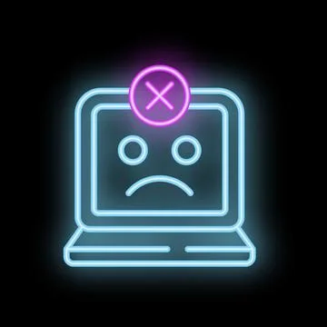Neon laptop showing error message with sad face on screen Stock Illustration