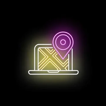 Neon laptop showing gps navigation with location pin Stock Illustration
