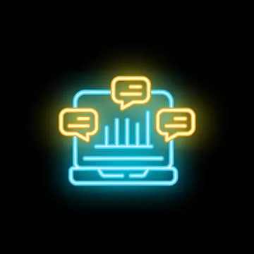 Neon laptop showing growing chart and speech bubbles Stock Illustration