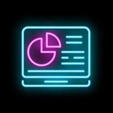 Neon laptop showing pie chart and data on black background Stock Illustration