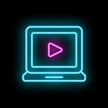 Neon laptop showing play button on black background Stock Illustration
