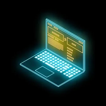 Neon laptop showing programming code on black background 스톡 일러스트