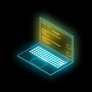 Neon laptop showing programming code on dark background Illustrazione stock