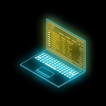Neon laptop showing spreadsheet data on black background Stock Illustration