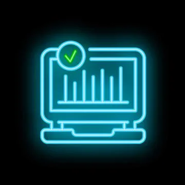 Neon laptop showing validated analytics data chart icon Stock Illustration