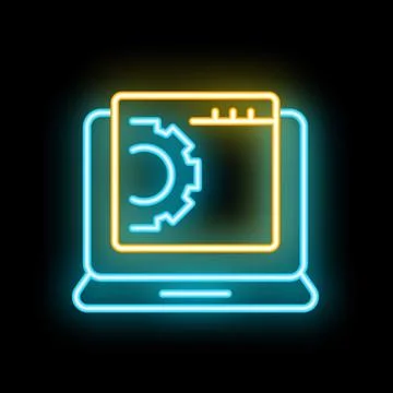 Neon laptop showing website development process with cogwheel icon 스톡 일러스트